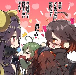  &gt;_&lt; +++ 3girls ahoge bazelgeuse black_jacket black_shirt blush boned_meat breasts brown_background brown_eyes brown_hair claws closed_eyes commentary_request deviljho eating eye_contact eyes_visible_through_hair feathered_wings food gradient_hair grey_hair hair_ornament hair_over_one_eye hairclip hand_on_own_hip hands_up heart heart_background highres holding holding_food horns jacket large_breasts long_hair looking_at_another meat milkpanda monster_hunter_(series) multicolored_hair multiple_girls navel nose_blush notice_lines open_clothes open_jacket personification profile rajang shirt short_eyebrows thick_eyebrows translation_request two-tone_background very_long_hair white_background wings 