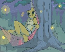  2024 ambient_arthropod ambient_firefly ambient_insect anthro black_eyes countershade_torso countershading felid female filthypally fur hammock katia_managan khajiit mammal microsoft midriff navel night plant prequel_adventure relaxing smile solo the_elder_scrolls tree yellow_body yellow_fur yellow_sclera 