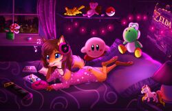  14:9 anthro bed bedroom blue_eyes bottomwear canid canine cd_player clothing electronics elemental_creature female flora_fauna fox fur furniture generation_1_pokemon green_yoshi headphones kirby_(series) lying mammal mario_bros musical_note musical_symbol nintendo nintendo_switch on_bed orange_body orange_fur pants pikachu piranha_plant plant pokeball pokemon pokemon_(species) rukifox solo symbol the_legend_of_zelda yoshi yumi_(yatofox) 