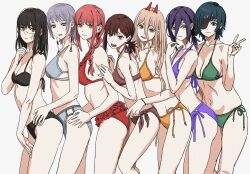  2024 6+girls bare_legs bikini black_bikini blush braid braided_ponytail breasts brown_bikini chainsaw_man commentary cross-shaped_pupils demon_horns eyepatch fami_(chainsaw_man) feet_out_of_frame frilled_bikini frills from_side green_bikini grey_bikini hair_between_eyes happy_new_year higashiyama_kobeni highres himeno_(chainsaw_man) horns long_bangs looking_at_viewer looking_to_the_side makima_(chainsaw_man) medium_breasts mole mole_under_eye multiple_girls navel power_(chainsaw_man) purple_bikini red_bikini reze_(chainsaw_man) ringed_eyes scar scar_on_face shiren_(ourboy83) short_ponytail siblings side-tie_bikini_bottom sidelocks simple_background sisters small_breasts smile standing stomach string_bikini swimsuit symbol-shaped_pupils v yellow_bikini yoru_(chainsaw_man) 