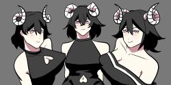  absurdres black_hair blush breasts demon_girl demon_horns highres horns kornnn large_breasts non-web_source open_clothes pink_eyes self-upload short_hair sleeveless triplets 