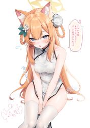  :o animal_ear_fluff animal_ears arms_between_legs bare_shoulders blue_archive blue_eyes blush braided_hair_rings bun_cover china_dress chinese_clothes collared_dress double_bun dress feet_out_of_frame female flying_sweatdrops fox_ears fox_girl hair_bun halo highres long_hair looking_at_viewer mari_(blue_archive) open_mouth orange_hair pelvic_curtain peroro_(blue_archive) sasakichi_(ssk_chi) side_slit sidelocks signature sitting sleeveless sleeveless_dress solo sweat thighhighs translation_request twitter_username white_thighhighs 