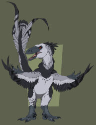  2024 achillobator ambiguous_gender biped black_body black_claws black_feathers cel_shading claws digital_drawing_(artwork) digital_media_(artwork) digitigrade dinosaur dromaeosaurid echoes_of_extinction feathered_dinosaur feathered_scalie feathers feral front_view full-length_portrait green_background grey_body grey_feathers grey_scales hi_res ivalodon open_mouth portrait prehistoric_species red_eyes red_sclera reptile scales scalie shaded sharp_teeth simple_background snout solo spread_arms standing teeth theropod white_body white_feathers 