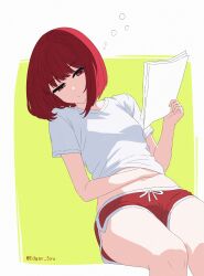  absurdres arima_kana bob_cut border breasts closed_mouth commentary dolphin_shorts edgar_syu english_commentary female highres holding holding_paper inverted_bob invisible_chair midriff oshi_no_ko outside_border paper red_eyes red_hair red_shorts shirt short_sleeves shorts sitting small_breasts solo twitter_username white_border white_shirt yellow_background 