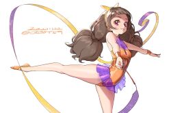  amanogawa_kirara artist_name brown_hair dated female go!_princess_precure gymnastics gymnastics_ribbon halter_leotard halterneck leotard long_hair looking_to_the_side orange_footwear orange_leotard orange_wristband parted_lips precure purple_eyes purple_leotard sabum showgirl_skirt simple_background solo standing standing_on_one_leg two-tone_leotard white_background 