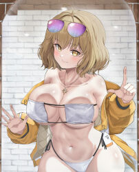  absurdres adult_aongly anis_(nikke) bikini blonde_hair blush breasts closed_mouth eyewear_on_head female glasses goddess_of_victory:_nikke highres jacket jewelry large_breasts looking_at_viewer medium_hair mirror navel necklace pink-framed_eyewear smile solo stomach swimsuit white_bikini yellow_jacket 