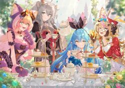  4girls animal_ear_fluff animal_ears animal_hands black_dress blonde_hair blue_dress blue_hair breasts castle cleavage closed_mouth coat commentary_request copyright_name creamer_(vessel) crown cup dress elf fishnet_pantyhose fishnets fox_ears fox_girl fox_tail full_body gloves green_eyes grey_eyes grey_hair grey_tail grin heart heart-shaped_pupils holding holding_cup holding_saucer holding_teapot hololive large_breasts leotard lion_ears lion_girl lion_tail looking_at_another momosuzu_nene multiple_girls nepolabo official_art omaru_polka one_eye_closed open_mouth outdoors pantyhose paw_gloves petals pointy_ears red_coat rin31153336 saucer scone shishiro_botan smile sparkling_eyes symbol-shaped_pupils table tail tea tea_party tea_set teacup teapot tiered_tray virtual_youtuber white_leotard yellow_eyes yukihana_lamy 