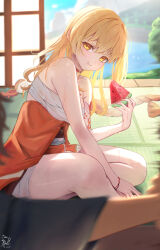  1boy :t absurdres arm_tattoo bandages bandeau bare_arms bare_shoulders blonde_hair chest_sarashi commentary_request female food fruit genshin_impact hair_down highres holding_watermelon long_hair looking_at_viewer sarashi sazanami_(re_n_rentaro) sitting strapless tatami tattoo thighs tube_top watermelon watermelon_slice yellow_eyes yoimiya_(genshin_impact) 