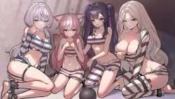  4girls absurdres ahoge animal_ear_fluff animal_ears asymmetrical_clothes ball_and_chain_restraint barefoot black_hair blue_eyes blue_hair breasts brown_hair closed_mouth collarbone colored_inner_hair gotica grey_hair highres large_breasts lee_rein long_hair medium_breasts midriff moon_momo multicolored_hair multiple_girls nana_ring navel pink_eyes pink_hair prison_clothes purple_eyes purple_hair shadow single_pantsleg streaked_hair tail torn_clothes twintails virtual_youtuber vlyz white_hair yun_eze 