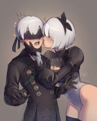  1boy 2b_(nier:automata) 9s_(nier:automata) ^^^ absurdres black_blindfold black_bow black_coat black_gloves black_hairband blindfold blush bow bow_hairband breasts cleavage closed_eyes coat commentary english_commentary female gloves grey_background hairband hand_on_another&#039;s_chin heart highleg highres kissing kissing_cheek moonshadelf nier:automata nier_(series) open_mouth short_hair simple_background straight white_hair 