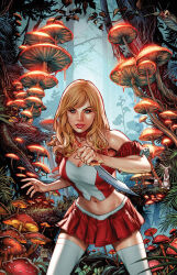  blonde_hair blue_eyes breasts cleavage crop_top dagger day female forest grass highres holding holding_dagger holding_knife holding_weapon knife long_hair midriff mike_krome miniskirt mushroom nature navel outdoors pleated_skirt red_lips red_shirt red_skirt reverse_grip shirt skirt solo thighhighs tree two-tone_shirt weapon white_shirt white_thighhighs zenescope 