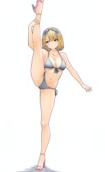  22/7 balancing bare_shoulders bikini blonde_hair blue_bikini blue_bow blue_hairband bow bow_hairband breasts cleavage collarbone female gabrieltenma77 green_eyes hairband hairbow halterneck high_heels highres leg_up looking_to_the_side navel pink_footwear saito_nicole short_hair solo split standing standing_on_one_leg standing_split string_bikini swimsuit white_background 