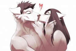  anthro anthro_on_anthro brown_hair canid closed_eyes duo ears_back female fur hair heart_symbol kissing long_hair male male/female mammal messy_hair mouth_closed pivoted_ears short_hair simple_background unknowhiter white_background white_body white_fur 