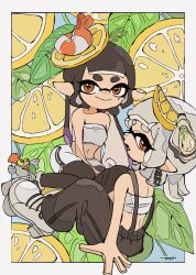  2girls black_hair border callie_(splatoon) closed_mouth cousins food food_on_head fruit grey_hair highres inkling leaf lemon lemon_slice long_hair looking_back marie_(splatoon) medium_hair moyu_u0 multiple_girls object_on_head official_alternate_costume open_mouth orange_eyes outside_border protected_link shoes shrimp sitting smallfry_(splatoon) smile splatoon_(series) splatoon_3 thick_eyebrows white_border zipper zipper_pull_tab 