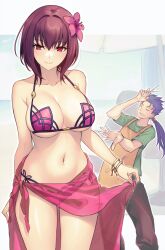  1boy alternate_hair_length alternate_hairstyle apron bare_shoulders beach_umbrella bikini blue_hair breasts brown_apron closed_eyes collarbone commentary_request cropped_legs cu_chulainn_(fate) dynamitenatalia fate/grand_order fate_(series) female flower hair_between_eyes hair_flower hair_ornament highres holding holding_scissors large_breasts long_hair looking_at_viewer medium_hair navel outdoors pink_bikini pink_sarong ponytail red_eyes sarong scathach_(fate) scathach_(swimsuit_assassin)_(fate) scissors see-through short_hair sideboob smile swimsuit type-moon umbrella underboob 