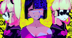  10_4_(10f0ur) black_hair black_sailor_collar blonde_hair bow bowtie breasts cleavage collarbone commentary hair_ornament hair_over_one_eye hairclip half-closed_eyes long_hair looking_at_viewer mask multiple_girls off_shoulder original paint_splatter pink_bow pink_bowtie qr_code sailor_collar school_uniform serafuku shirt short_hair simple_background symbol-only_commentary upper_body 