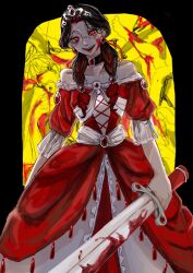  bare_shoulders black_choker black_hair blood blood_on_face blood_sword braid choker collarbone dress elizabeth_bathory_(tetsu_no_shoujo_to_yumemigachi_na_ohimesama) frilled_choker frilled_sleeves frills gem hair_over_shoulder highres holding holding_sword holding_weapon horror_(theme) lace-trimmed_choker lace_trim long_hair long_sleeves looking_at_viewer low_twin_braids miripen_akaebi original parted_hair parted_lips pink_skirt red_dress red_eyes red_gemstone red_hair skirt smile strapless strapless_dress sword tetsu_no_shoujo_to_yumemigachi_na_ohimesama tiara twin_braids weapon yandere 