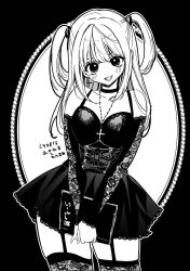  akiyama_enma amane_misa book breasts choker cleavage collarbone cross cross_earrings cross_necklace dated death_note death_note_(object) detached_sleeves dress earrings female fishnet_sleeves fishnet_thighhighs fishnets garter_straps goth_fashion greyscale halter_dress halterneck highres holding holding_book jewelry long_hair looking_at_viewer monochrome necklace open_mouth own_hands_together solo teeth thighhighs two_side_up upper_teeth_only 