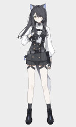  :&lt; animal_ears arm_at_side black_dress black_footwear black_gloves black_shorts black_socks blush boots buttons closed_mouth collared_shirt dot_nose double-breasted dress expressionless female fingerless_gloves flask gloves hair_over_one_eye highres holding holding_flask long_hair long_sleeves looking_at_viewer nekoln one_eye_covered original shirt short_dress shorts sidelocks simple_background socks solo straight_hair tail white_background white_shirt wolf_ears wolf_girl wolf_tail yellow_eyes 