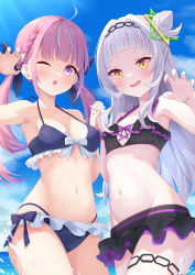  2girls ;o ahoge bare_shoulders bikini black_bikini black_hairband blue_bikini blue_bow blue_hair blue_nails blue_sky blunt_bangs blush bow bow_bikini braid breasts bright_pupils claw_pose collarbone commentary_request cowboy_shot day eyelashes frilled_bikini frills grey_hair groin hair_bun hair_intakes hairband halterneck hands_up hexagram_hair_ornament highres holding_hands hololive interlocked_fingers kurono_yuzuko long_hair looking_at_viewer low_twintails medium_breasts minato_aqua multicolored_hair multiple_girls murasaki_shion nail_polish navel one_eye_closed open_mouth outdoors paid_reward_available pink_hair plaid_bikini plaid_clothes purple_eyes purple_nails short_eyebrows side_braid sidelocks single_side_bun sky small_breasts smile stomach streaked_hair sunlight swimsuit thigh_strap tsurime twintails v-shaped_eyebrows virtual_youtuber white_pupils yellow_eyes 