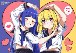  2girls ? black_skirt blonde_hair blue_background blue_hair blue_scarf blush closed_eyes closed_mouth confused frown furude_rika heart heart_arms_duo heart_background higurashi_no_naku_koro_ni houjou_satoko multiple_girls onuma_kuma open_mouth purple_eyes scarf school_uniform shirt skirt smile spoken_heart st._lucia_academy_school_uniform sweatdrop two-tone_background white_shirt yellow_background yuri 