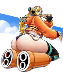  :t aqua_eyes artist_name ass ass_focus bikini bikini_bottom_only black_gloves blonde_hair blush_stickers cropped_jacket eating female food freckles from_behind gloves goggles goggles_on_head headphones holding holding_food holding_pizza hood hooded_jacket huge_ass iury_padilha jacket long_hair looking_back lower_body one_piece orange_footwear orange_jacket pizza pizza_slice plump sitting swimsuit thick_thighs thigh_strap thighhighs thighs twintails vegapunk_york 