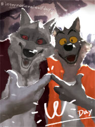  1393_noam 2024 4_fingers anthro athletic athletic_anthro athletic_male biped black_claws black_eyes canid canine canis claws clothed clothing death death_(puss_in_boots) digital_media_(artwork) digital_painting_(artwork) dreamworks duo fingers fur grey_body grey_fur hi_res jacket male mammal mr._wolf_(the_bad_guys) open_clothing open_jacket open_topwear puss_in_boots_(dreamworks) red_sclera slim_anthro slim_male the_bad_guys topwear white_body white_fur wolf yellow_sclera 