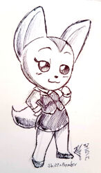  absurd_res aggretsuko anthro beady_eyes blush bottomwear canid canine chibi clothing cross-hatching female fennec_fox fenneko fluffy fluffy_tail footwear fox graphite_(artwork) guide_lines half-closed_eyes hand_on_hip hatching_(art) hi_res high_heels looking_at_viewer mammal miniskirt monochrome narrowed_eyes office_clothing pen_(artwork) pencil_(artwork) sailor_bomber sanrio shaded shoes simple_background skirt solo tail traditional_media_(artwork) true_fox white_background 