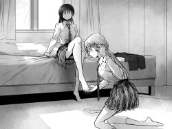  2girls breasts collared_shirt commentary_request curtains greyscale half_up_braid highres holding_another&#039;s_foot indoors jacket kneeling large_breasts long_sleeves lr6fko4upypf9hv miyagi_shiori monochrome multiple_girls necktie no_eyes no_mouth on_bed pleated_skirt school_uniform sendai_hazuki shirt shuuniichido_classmate_wo_kau_hanashi single_sock sitting skirt socks unworn_jacket unworn_socks window yuri 