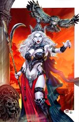  absurdres architecture armlet armored_boots bird black_cape black_nails blank_eyes boots breasts cape cleavage colored_skin female greco-roman_architecture helmet highres holding holding_scythe jewelry knee_boots lady_death lady_death_(character) large_breasts long_hair long_skirt looking_at_viewer mike_krome owl pelvic_curtain pillar red_lips red_skirt scythe shield side_slit skirt solo sunset white_hair white_skin 