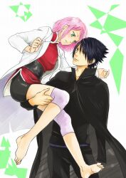  1boy barefoot black_cape black_eyes black_hair black_pants black_shirt black_shorts boruto:_naruto_next_generations cape carrying carrying_person closed_mouth coat female green_eyes heterochromia highres husband_and_wife knee_pads lab_coat long_sleeves looking_at_another margaritaiduki naruto_(series) ninja pants pink_hair red_shirt rinnegan sakura_haruno shirt short_hair shorts soles spiked_hair toes uchiha_sasuke white_background white_coat 