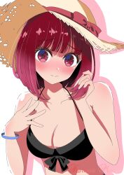  arima_kana bikini black_bikini blush bob_cut breasts closed_mouth female hat highres inverted_bob krn838 looking_at_viewer medium_breasts medium_hair midriff oshi_no_ko red_eyes red_hair short_hair solo straw_hat swimsuit white_background 