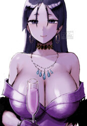  breasts choker cleavage collarbone cup dress drinking_glass earrings fate/grand_order fate_(series) feather_boa female gloves highres hoop_earrings jewelry large_breasts long_hair looking_at_viewer minamoto_no_raikou_(exhibition_attire)_(fate) minamoto_no_raikou_(fate) necklace off_shoulder parted_bangs purple_dress purple_eyes purple_gloves purple_hair smile solo titiduki_(manman-ya) 