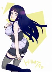  black_shorts black_thighhighs boots boruto:_naruto_the_movie breasts character_name closed_mouth female highres hime_cut hyuuga_hinata large_breasts long_hair looking_at_viewer margaritaiduki naruto_(series) ninja purple_hair shirt shorts simple_background sleeveless sleeveless_shirt smile solo thighhighs white_background white_eyes 