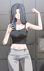  black_tank_top cellphone collarbone crop_top expressionless female flexing grey_hair grey_pants hair_over_one_eye highres holding holding_phone long_hair midriff mole mole_under_mouth navel original pants phone selfie smartphone solo tank_top tile_wall tiles yoga_pants zirarval 