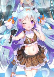  ;d animal_ear_fluff animal_ears blue_hair bow breasts cat_ears cat_girl cat_tail commentary_request cowboy_shot dress female glaze_artifacts gradient_hair hairbow highres holding holding_microphone idol long_hair microphone midriff miniskirt multicolored_hair navel one_eye_closed open_mouth original purple_dress purple_hair siera_(sieracitrus) skirt small_breasts smile stomach tail very_long_hair 