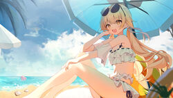  absurdres ball beach beach_umbrella beachball bikini blue_archive blue_sky blue_umbrella breasts cloud cloudy_sky daqi_sama day doodle_sensei_(blue_archive) eyewear_on_head female frilled_bikini frills hair_ribbon hifumi_(blue_archive) hifumi_(swimsuit)_(blue_archive) highres light_brown_hair long_hair low_twintails midriff navel ocean open_mouth outdoors palm_tree ribbon ribbon-trimmed_bikini ribbon-trimmed_swimsuit ribbon_trim round_eyewear sensei_(blue_archive) side-tie_bikini_bottom sitting sky smile solo sunglasses swimsuit thighs tree twintails umbrella white_bikini white_ribbon yellow_eyes 