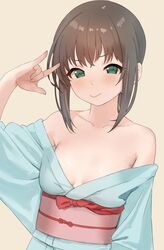  \m/ aqua_kimono bare_shoulders blush breasts brown_hair cleavage closed_mouth collarbone crossed_bangs english_commentary female fubuki_(kancolle) green_eyes hair_between_eyes hand_up japanese_clothes kantai_collection kimono looking_at_viewer low_ponytail medium_hair no_bra off_shoulder sakieko sidelocks simple_background small_breasts smile solo upper_body yellow_background yukata 