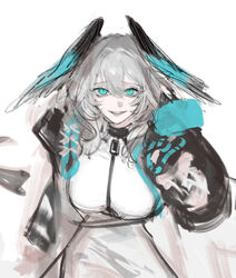  aqua_eyes aqua_wings arknights between_breasts black_pantyhose black_tail breasts coat cowboy_shot dress feathered_wings female grey_hair grin hair_between_eyes head_wings ho&#039;olheyak_(arknights) huangjin_shizi large_breasts long_sleeves multicolored_coat open_clothes open_coat pantyhose pencil_dress short_dress short_hair sidelocks smile snake_tail solo strap_between_breasts tail two-tone_coat two-tone_wings unfinished white_background white_dress wings 