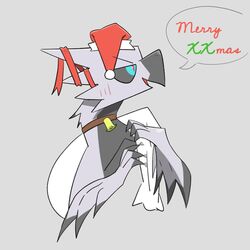  1:1 beak bell black_sclera capcom christmas christmas_clothing christmas_headwear claws clothing collar elder_dragon english_text feral grey_background grey_body grey_scales hat headgear headwear hi_res holding_sack holidays horn metallic_body monster_hunter santa_hat scales simple_background smile solo spikes text valstrax valval_ohg 