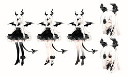  21_ke ankle_garter ankleband arms_at_sides barefoot bat_wings black_bow black_bowtie black_eyes black_footwear black_horns black_lips black_sclera black_skirt black_tail black_thighhighs black_wings bow bowtie braid claws closed_eyes closed_mouth colored_sclera demon_girl demon_tail eyepatch fang_out female hair_between_eyes high-waist_skirt high_heels highres horns legband long_hair long_sleeves miniskirt monster_girl multiple_views oerba_yun_fang one_eye_covered original parted_lips red_pupils shoes side_braid simple_background single_braid skirt sweater tail thighhighs white_background white_hair white_sweater wings 