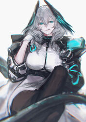  absurdres aqua_eyes aqua_wings arknights belt between_breasts black_belt black_pantyhose black_tail black_wings breasts coat crossed_legs dress feathered_wings feet_out_of_frame female fingerless_gloves gloves grey_hair hair_between_eyes hand_in_own_hair head_wings highres ho&#039;olheyak_(arknights) huangjin_shizi infection_monitor_(arknights) large_breasts long_sleeves looking_at_viewer multicolored_coat open_clothes open_coat pantyhose parted_lips pencil_dress short_dress short_hair sidelocks snake_tail solo strap_between_breasts tail two-tone_coat two-tone_wings unfinished white_background white_dress white_gloves wings 