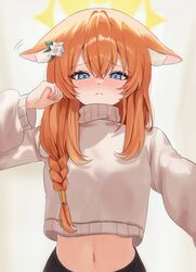  :&lt; absurdres alternate_costume animal_ear_fluff animal_ears blue_archive blue_eyes braid clenched_hand closed_mouth commentary cropped_sweater double-parted_bangs ears_down female fox_ears frown hair_between_eyes halo hand_up highres long_hair looking_at_viewer mari_(blue_archive) midriff navel orange_hair reaching reaching_towards_viewer ryu_o simple_background single_braid single_hair_tube solo sweater symbol-only_commentary turtleneck turtleneck_sweater upper_body white_background white_sweater yellow_halo 