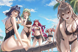  5girls :d alternate_costume animal_ears antlers ass beach beach_umbrella bikini black_bikini black_hair black_one-piece_swimsuit black_sarong blue_eyes blue_nails blue_sky breasts brown_eyes brown_hair ceres_fauna cleavage cloud collarbone criss-cross_halter crossed_bangs crossed_legs dappled_sunlight day demon_horns drop_earrings earrings english_commentary eyewear_on_head feather_hair_ornament feathers flower gradient_hair green_hair green_nails hair_between_eyes hair_flower hair_intakes hair_ornament hakos_baelz halo halterneck hand_on_own_hip heterochromia highleg highleg_swimsuit holocouncil hololive hololive_english horns irys_(hololive) jewelry large_breasts leaning_forward long_hair looking_at_viewer medium_breasts mouse_ears mouse_girl mouse_tail multicolored_hair multiple_girls nanashi_mumei navel o-ring o-ring_swimsuit one-piece_swimsuit one-piece_thong one_eye_closed ouro_kronii outdoors palm_tree pink_eyes pink_hair pink_nails pointy_ears ponytail purple_eyes red_hair sarong short_hair sky smile streaked_hair stretching sunglasses sunlight swimsuit tail thong tight_(ohmygod) tree tree_horns two-tone_bikini umbrella very_long_hair virtual_youtuber white_bikini white_hair white_headdress yellow_eyes 