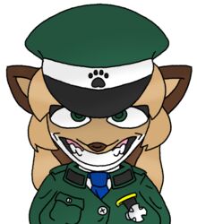  alpha_channel anthro averi_(fiddleafox) brown_body brown_fur canid canine clothing creepy_face creepy_smile female female_anthro fox fur green_clothing green_eyes hair hi_res looking_at_viewer mammal markings nazi red_fox smile solo true_fox uniform unknown_artist white_body white_fur 