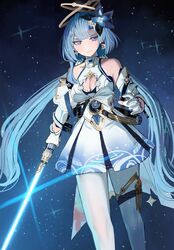  bare_shoulders blue_hair blue_lightsaber breasts cleavage cleavage_cutout clothing_cutout commentary crescent crescent_earrings dress earrings energy_sword english_commentary feet_out_of_frame female gloves griseo griseo_(cosmic_expression) halo highres holding holding_lightsaber holding_weapon honkai_(series) honkai_impact_3rd jewelry jourd4n lightsaber long_hair looking_at_viewer low_twintails medium_breasts pantyhose parted_lips partially_fingerless_gloves pleated_dress purple_eyes sleeveless sleeveless_dress solo standing sword twintails very_long_hair weapon white_dress white_gloves white_pantyhose 