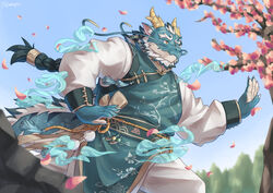  1boy animal_ear_fluff aqua_hair aqua_skin bara beard braid closed_mouth dated dragon_boy dragon_horns dragon_tail facial_hair feet_out_of_frame fighting_stance full_beard furry furry_male highres horns huge_eyebrows japanese_clothes long_mustache male_focus mature_male moustache multicolored_hair qinglong_(housamo) remaniac3 single_braid sky solo tail tokyo_afterschool_summoners tree two-tone_beard two-tone_hair white_hair 