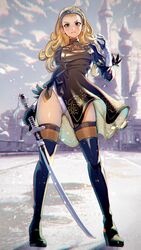  2b_(nier:automata) 2b_(nier:automata)_(cosplay) anlucea black_dress black_footwear black_gloves blonde_hair blue_eyes blurry blurry_background boots breasts cleavage_cutout closed_mouth clothing_cutout cloud cloudy_sky commentary cosplay curly_hair dragon_quest dragon_quest_x dress feather-trimmed_sleeves female full_body gloves hair_pulled_back hairband hand_up highleg highleg_leotard highres holding holding_sword holding_weapon juliet_sleeves leotard light_particles long_hair long_sleeves looking_at_viewer medium_breasts mole mole_under_mouth nier:automata nier_(series) numao_sub puffy_sleeves skindentation sky solo standing sword thigh_boots turtleneck turtleneck_dress weapon white_leotard 