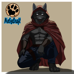  1:1 abs anthro assassin assassin&#039;s_creed belt blue_eyes bracelet bulge canid canine canis cloak clothing dark_body dark_fur fur hi_res hindpaw hooded_cloak jewelry male mammal muscular netiscraft paws shirtless solo ubisoft wolf 