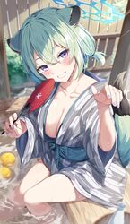  absurdres animal_ears ashiyu bath_yukata blue_archive blue_halo blush feet_out_of_frame female food fruit green_hair grey_kimono grin hair_between_eyes halo hand_fan highres holding holding_fan igayan japanese_clothes kimono medium_hair official_alternate_costume onsen paper_fan purple_eyes shigure_(blue_archive) shigure_(hot_spring)_(blue_archive) sitting smile solo tail uchiwa water weasel_ears weasel_tail yukata yuzu_(fruit) 